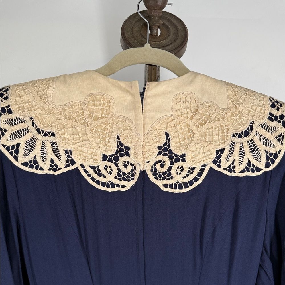 Marie St Claire Dress Wm 14 Vintage Blue 80s Crochet Collar Victorian Style - Picture 9 of 14